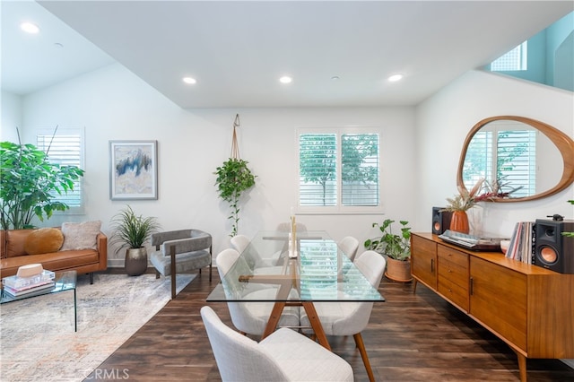 dining room featuring dark hardwood / wood-style floors, vaulted ceiling, and a healthy amount of sunlight