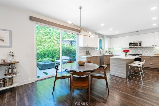 dining room with sink and dark hardwood / wood-style flooring