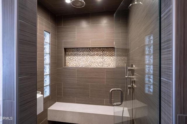 bathroom featuring a shower with shower door