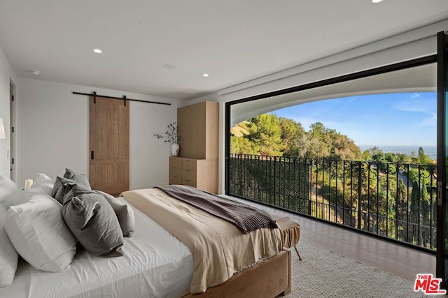 bedroom featuring a barn door and access to exterior