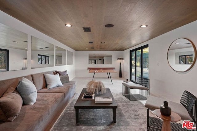 living room featuring wooden ceiling