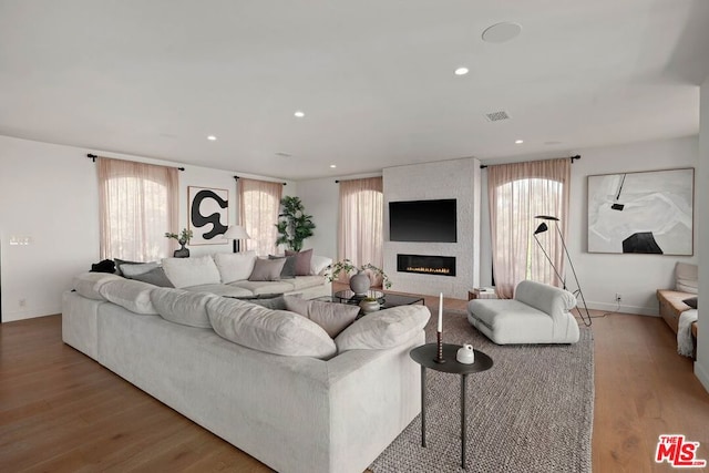 living room featuring a large fireplace and light hardwood / wood-style flooring