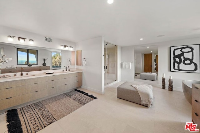 bathroom featuring vanity, tile patterned floors, and walk in shower