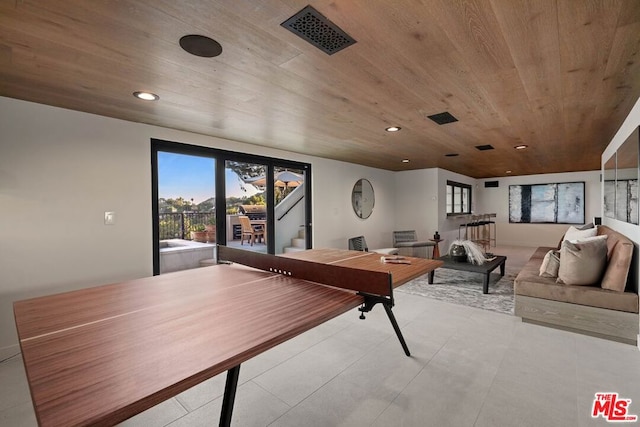 rec room featuring wooden ceiling