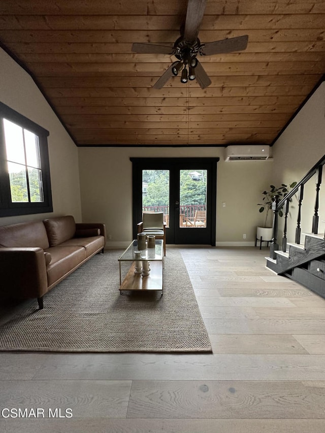 unfurnished living room featuring light wood-type flooring, vaulted ceiling, wooden ceiling, and a healthy amount of sunlight