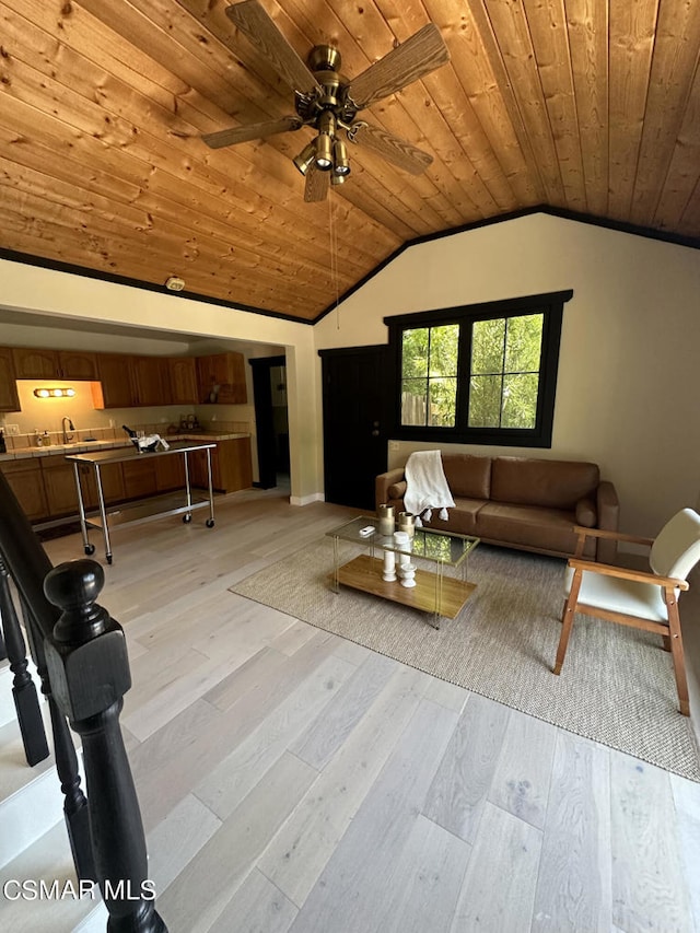 living room featuring ceiling fan, wood ceiling, light hardwood / wood-style floors, sink, and vaulted ceiling