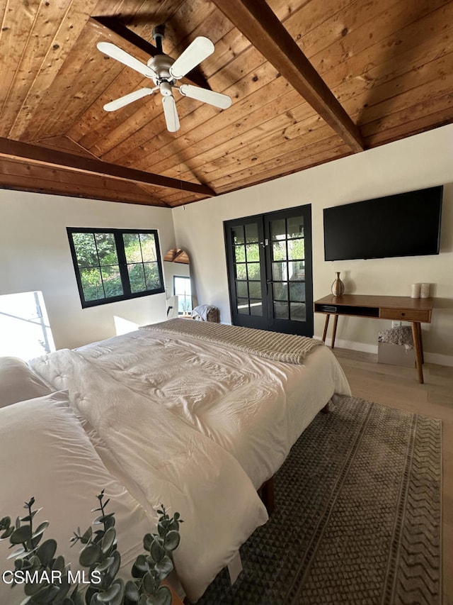 bedroom featuring multiple windows, vaulted ceiling with beams, wood ceiling, and ceiling fan