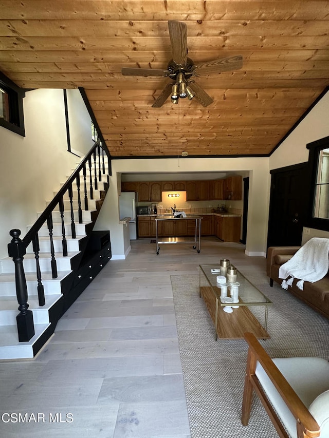 unfurnished living room featuring light wood-type flooring, wood ceiling, lofted ceiling, and ceiling fan