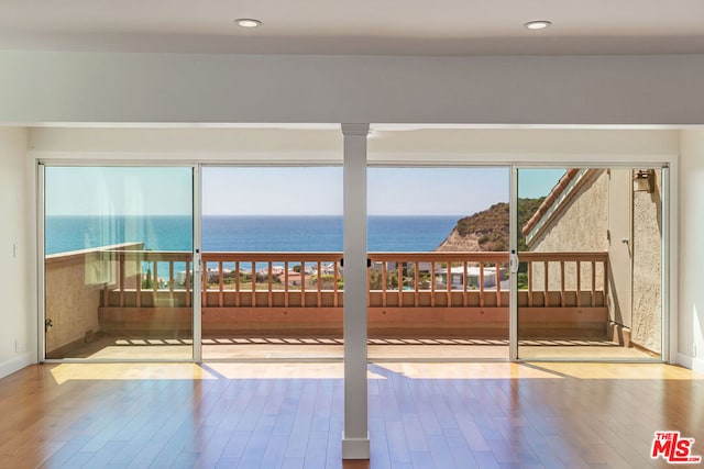 doorway to outside featuring light hardwood / wood-style flooring, a water view, and plenty of natural light