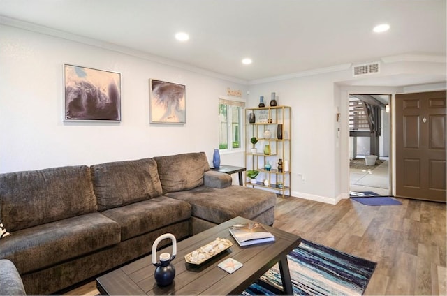 living room featuring hardwood / wood-style flooring and crown molding