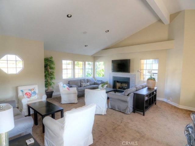 living room with beam ceiling, a fireplace, carpet floors, and high vaulted ceiling