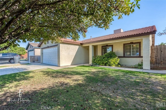 ranch-style house with a garage and a front lawn