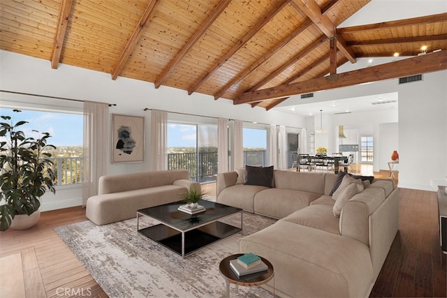 living room featuring wood-type flooring, wood ceiling, and a wealth of natural light