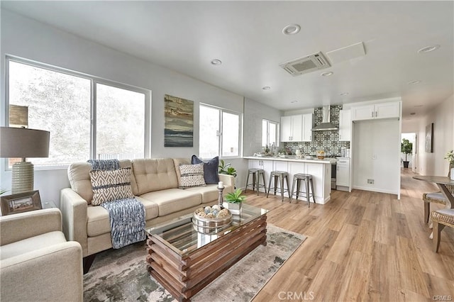 living room with light hardwood / wood-style flooring