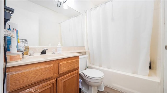 full bathroom with vanity, toilet, and shower / bathtub combination with curtain