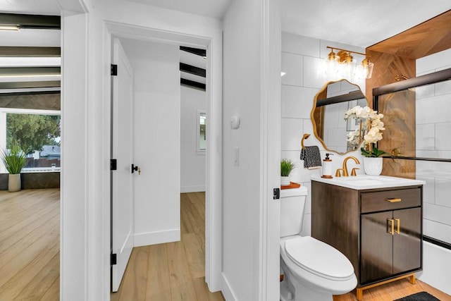 bathroom featuring toilet, vanity, and wood-type flooring