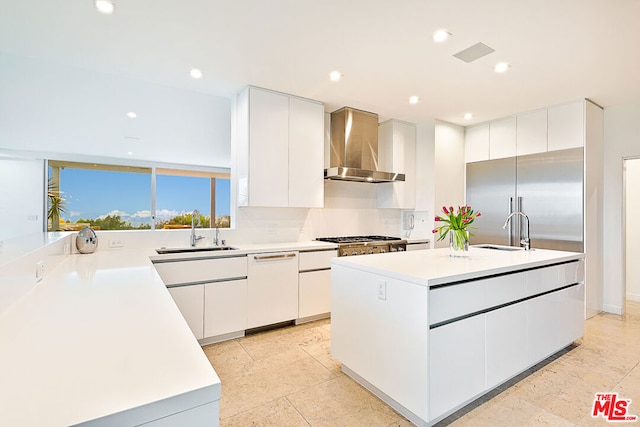 kitchen with white cabinets, wall chimney exhaust hood, sink, and stainless steel appliances