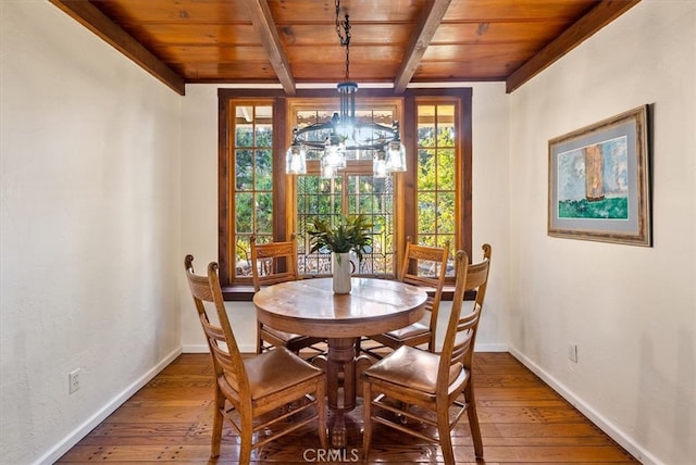 dining space featuring wooden ceiling, beamed ceiling, an inviting chandelier, and hardwood / wood-style floors