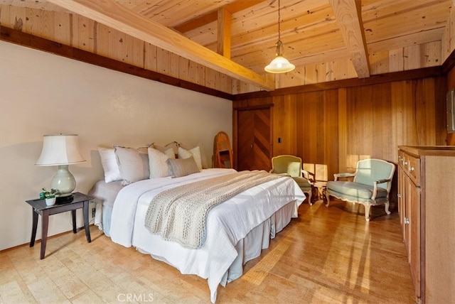 bedroom with wood ceiling, wood walls, and beam ceiling