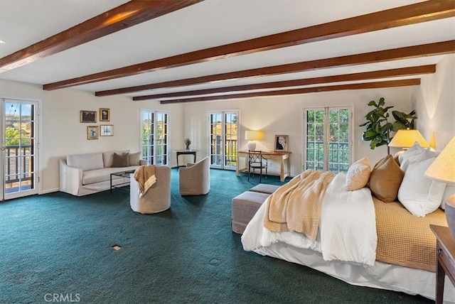 bedroom featuring beam ceiling, multiple windows, dark carpet, and access to exterior