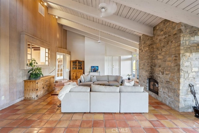 living room with wood ceiling, beamed ceiling, a fireplace, high vaulted ceiling, and wood walls