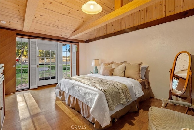 bedroom with beam ceiling, light hardwood / wood-style flooring, wood ceiling, and access to exterior