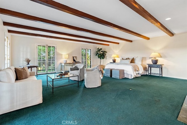 carpeted bedroom with beam ceiling and access to outside