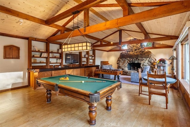 rec room with vaulted ceiling with beams, wood ceiling, hardwood / wood-style flooring, and pool table