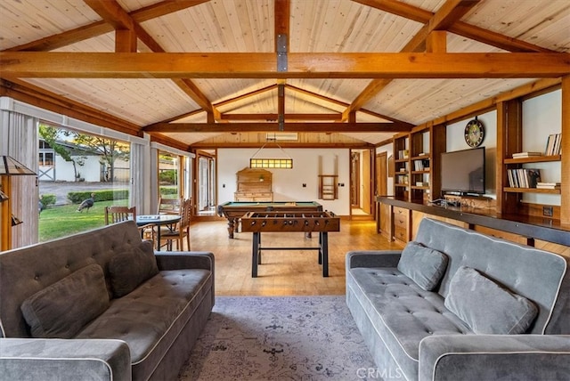 game room featuring light hardwood / wood-style flooring, wood ceiling, and lofted ceiling with beams