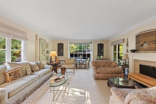 living room featuring crown molding