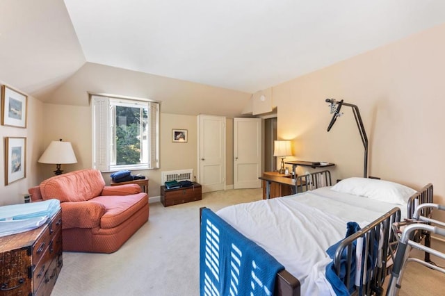 bedroom with lofted ceiling and light carpet