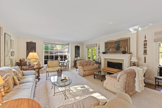 living room with crown molding, plenty of natural light, and light hardwood / wood-style flooring