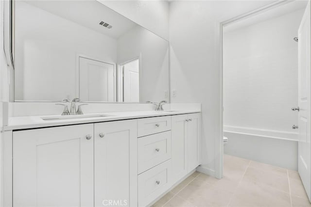 full bathroom featuring tile patterned flooring, bathtub / shower combination, vanity, and toilet