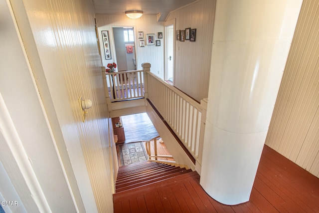 stairway with wooden walls and hardwood / wood-style flooring