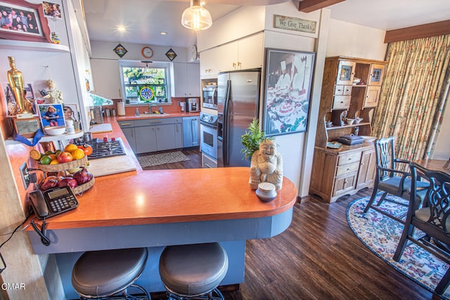 kitchen featuring hanging light fixtures, kitchen peninsula, white cabinetry, appliances with stainless steel finishes, and dark hardwood / wood-style floors