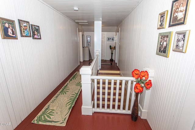 corridor featuring wood walls and dark wood-type flooring