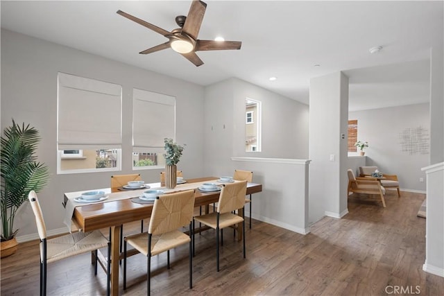 dining room featuring ceiling fan and hardwood / wood-style flooring