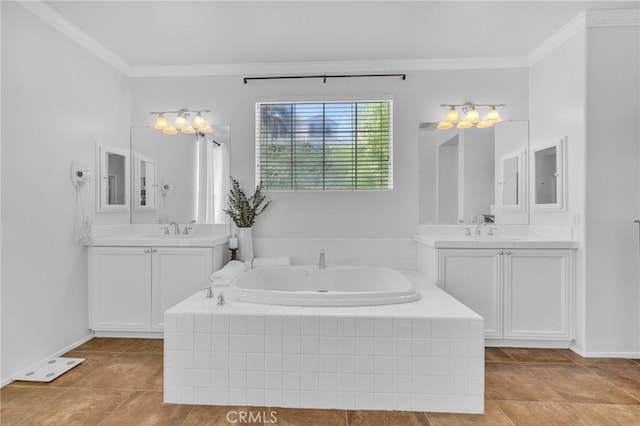 bathroom with a relaxing tiled tub, ornamental molding, tile patterned floors, and vanity