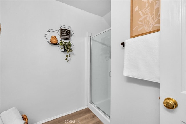 bathroom featuring a shower with shower door and hardwood / wood-style floors