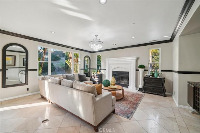 tiled living room featuring a chandelier and crown molding