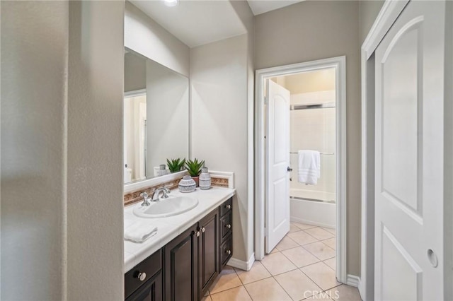 bathroom with vanity, tile patterned floors, and shower / washtub combination