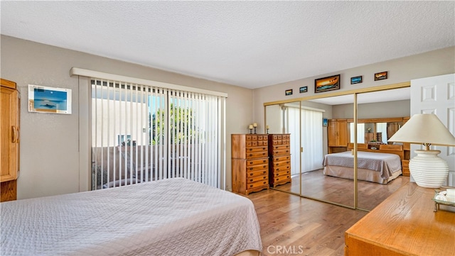 bedroom featuring a closet, hardwood / wood-style flooring, and a textured ceiling