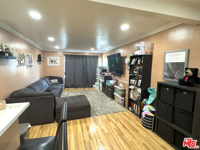 living room featuring light hardwood / wood-style floors and ornamental molding