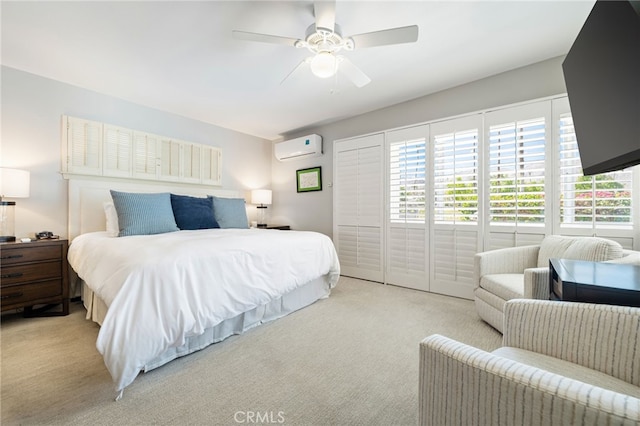 bedroom featuring an AC wall unit, ceiling fan, and light colored carpet