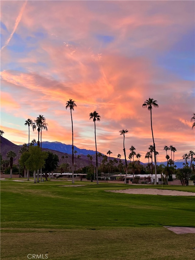 view of community featuring a lawn and a mountain view