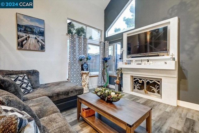 living room featuring high vaulted ceiling and light wood-type flooring