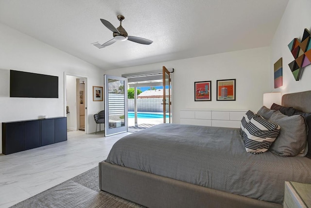 bedroom with access to exterior, ceiling fan, and vaulted ceiling