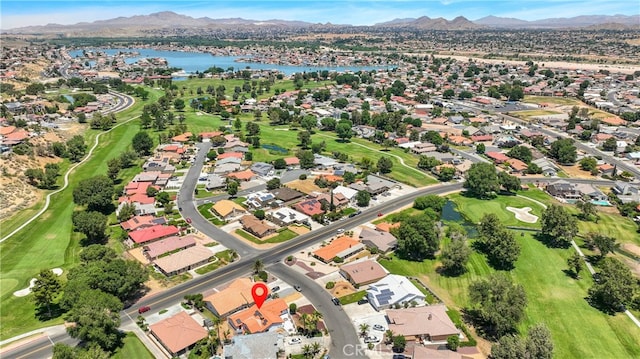 bird's eye view featuring a water and mountain view