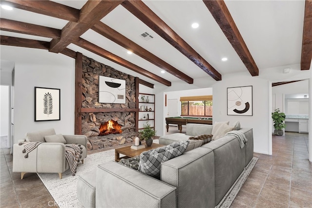 living room featuring vaulted ceiling with beams, a fireplace, and billiards