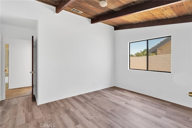 unfurnished room with light wood-type flooring, lofted ceiling with beams, and wooden ceiling